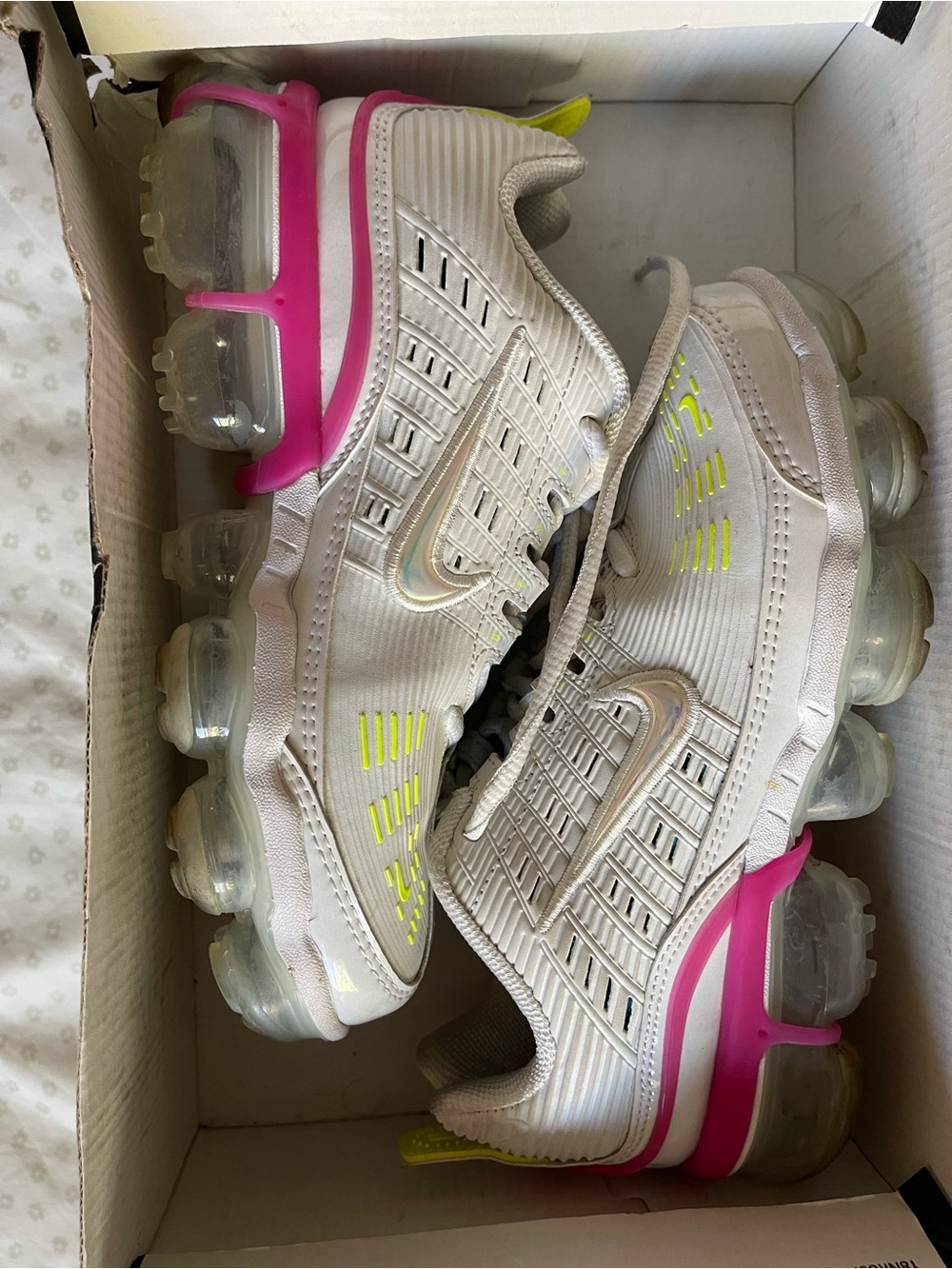 Nike Kids Cream Sneakers with Pink and Neon Yellow Accents